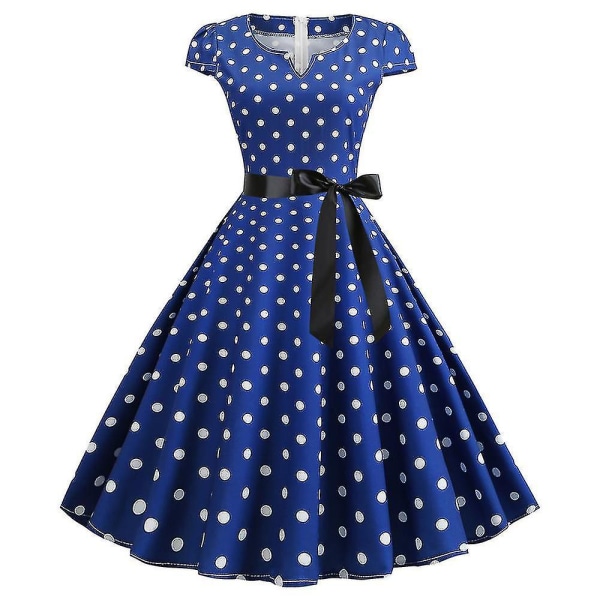 Dame Polkadot Retro 1950-talls 60-talls Rockabilly Aftenball Swing Party Midi Kjole Dark Blue 2XL