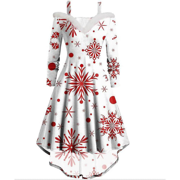 Julekjole for kvinner, langermet, plysj, høy og lav, dyp V-utringning, off-shoulder, stor sving White M