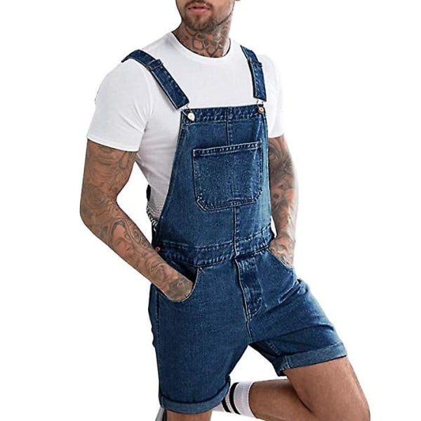 Denim slitna shorts för män, arbetsdräkt i ett stycke, byxor med axelrem dark blue XXXL