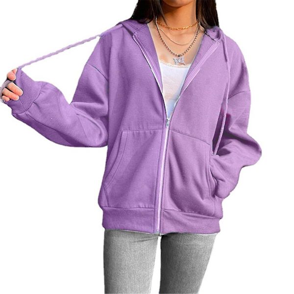 Dame Sweatshirt Hættetrøjer Frakke Ensfarvet Afslappet Løs Jogging Hættejakke Langærmet Fuld Lynlås Snøre Purple M