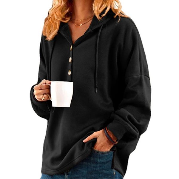 Naisten yksivärinen hupullinen collegepaita, rento, löysä, kiristysnyörillinen huppari, napillinen Henley-paita Black 2XL