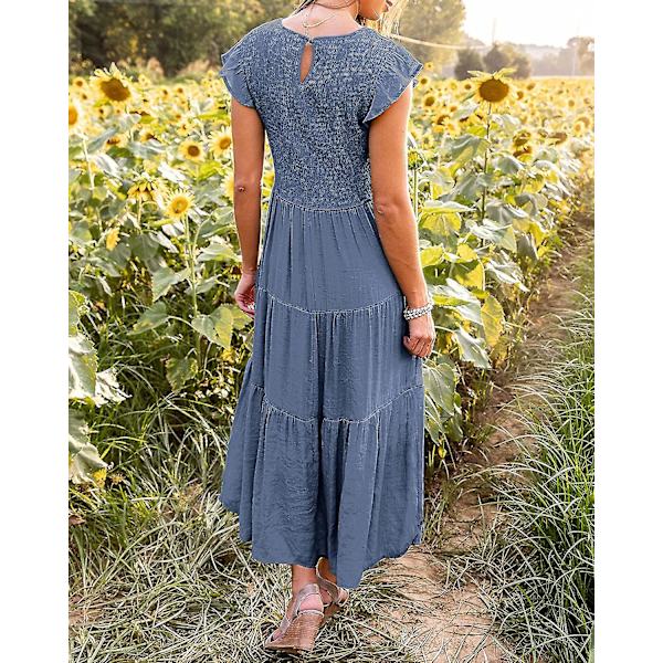 Sommarklänning för damer, ledig, med korta fjärilsärmar, rund hals, smockad resår i midjan och volangkjol i midilängd Dustyblue XLarge