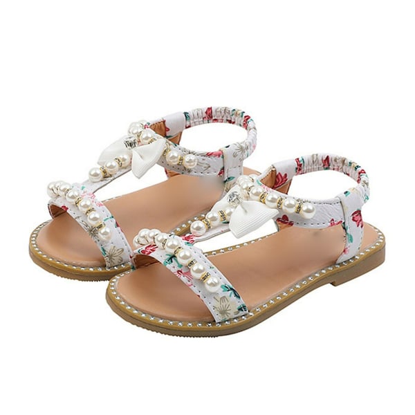 Baby Piger Boho Perlebesatte Sandaler Blomsterpiger Sløjfe Flade Tåsandaler Strandsandaler Gladiator White 29