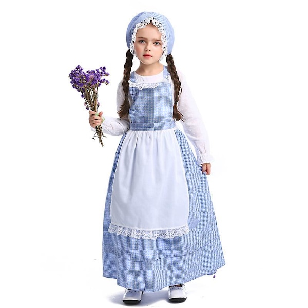 Sininen siirtomaatyttö, preeria-pioneerimekko, pastoraalinen neito -setti lapsille, Halloween-cosplay Blue XS (105-120cm)