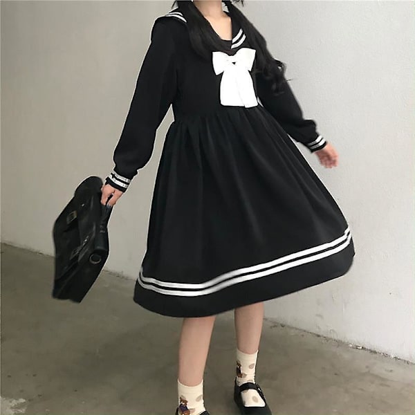 Svart Lolita-klänning Kvinnor Rosett Patchwork Lös Japansk Preppy Stil Sjömanskrage Kawaii Långärmad Klänning Jk Flickkläder L Black