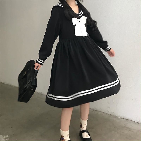 Svart Lolita Klänning Kvinnor Rosett Patchwork Lös japansk Preppy Style Sjömanskrage Kawaii Långärmad Klänning Jk Girl Outfit XL Black