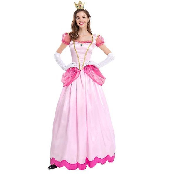 Kvinnors Super Mario Peach Cosplay Kostym Rosa Prinsessklänning + Handskar + Huvudbonad Outfits Set Karneval Fest L