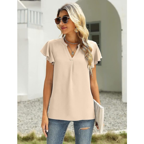 Dam Sommar Casual Delad V-ringning Chiffongblusar Lös Tunika Kortärmade Toppar 07light Khaki Small