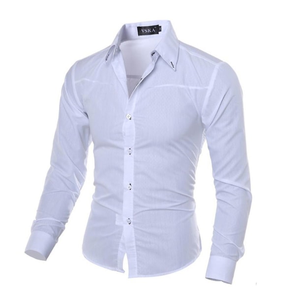 Men Argyle Pattern Slim Fit Dress Shirt Casual Långärmad Party Business Lapel T-shirt White 2XL