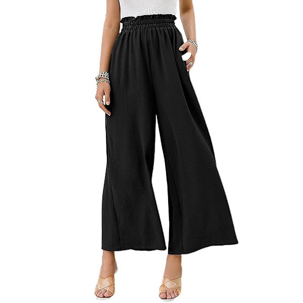 Dame Ensfarvede Elastiske Højtaljede Løse Cropped Bukser Bred Ben Casual Lange Bukser Black L