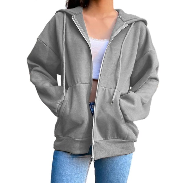 Dam Sweatshirt Hoodies Jacka Enkel Vardaglig Lös Jogging Huvjacka Långärmad Hel Dragkedja Dragsko Grey M