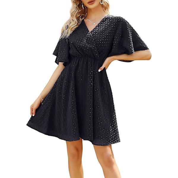 Sommer Casual Kjole til Kvinder V-Hals Flæseærme Kjole Tunika Flæse Mini Kjole Black XL