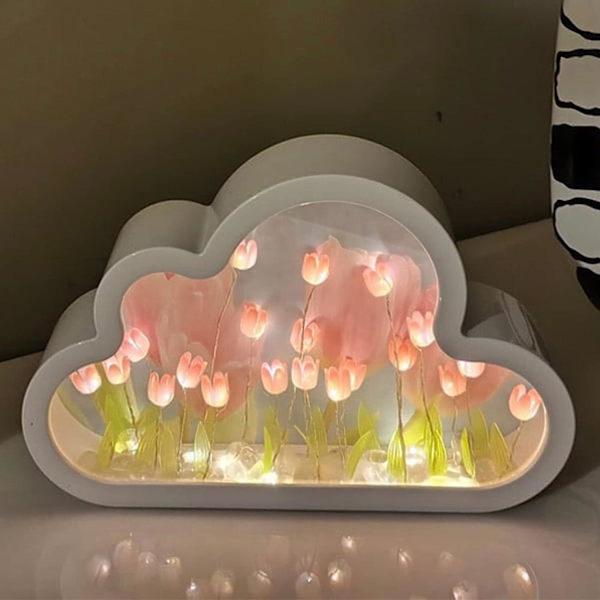 DIY Tulip Nattlampe, Sky Tulip Speil Nattlampe, Simuleringsblomst Bordlampe Pink