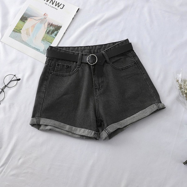 Dam Hög Midja Denimshorts Kvinnliga Korta Jeans Med Rem För Vardaglig Shopping Resor Black Grey 2XL