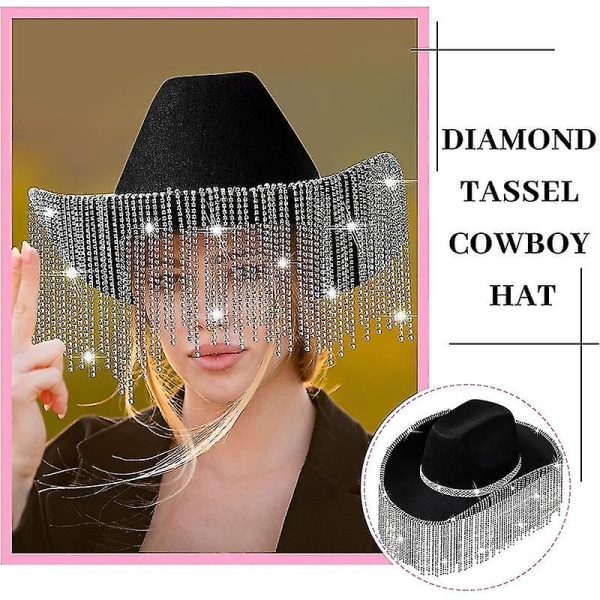 Strassikivillä koristeltu Cowgirl-hattu Bling Diamond -hapsu Cowboy-hattu Western-hattu BLACK