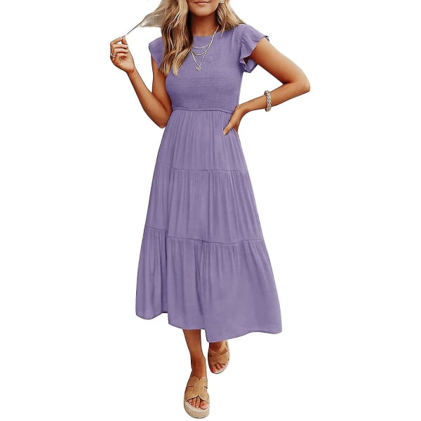 Sommerlig afslappet midi-kjole til kvinder med korte flæseærmer, rund hals, smock og elastisk talje Purple Large
