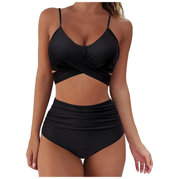 Omlott Bikini Set för Kvinnor Högmidjade 2-delade Baddräkter Black M