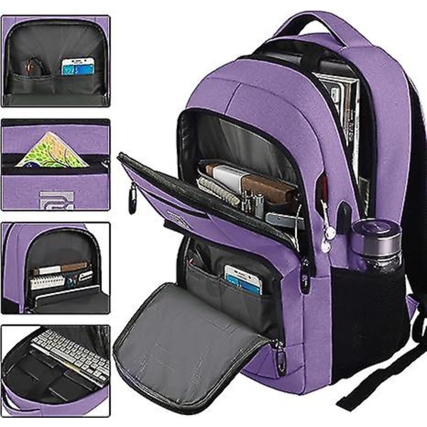 Kannettavan tietokoneen reppu, liikematka varkaudenesto ohut kestävä kannettavan tietokoneen reppu USB-latausportilla, vettähylkivä college-tietokonelaukku naisille ja miehille F purple