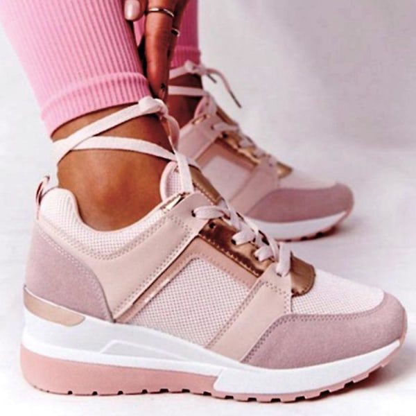 Snörning Wedge Sports Snickers Vulkaniserade Casual Comfy Shoes för kvinnor Pink 35