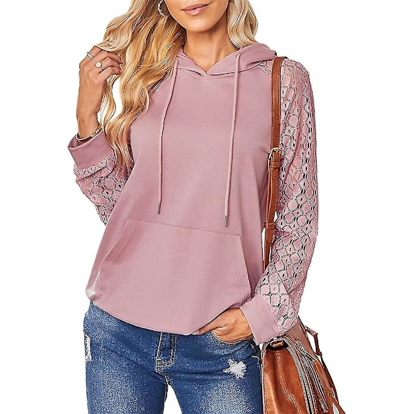 Dame Hættetrøjer Blonde Patchwork Langærmet Hættetrøje Casual Mode Tunika Pullover Stilfuld Elegant Sweatshirt Snøre Jumper Toppe Med Lommer Pink M