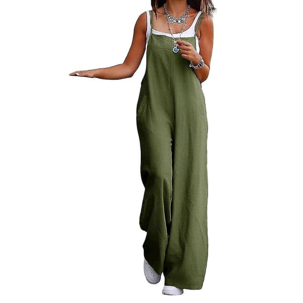 Plus Size Dame Bomull Lin Buksedress Jumpsuit Playsuit Vide Ben Overalls Bukser Army Green 4XL
