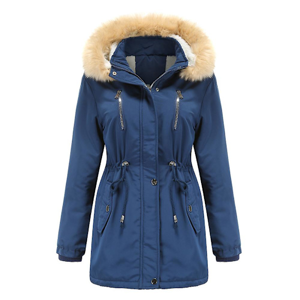 Tykk hetteparkas for kvinner, vindtette fleeceforede jakker med lommer Blue M