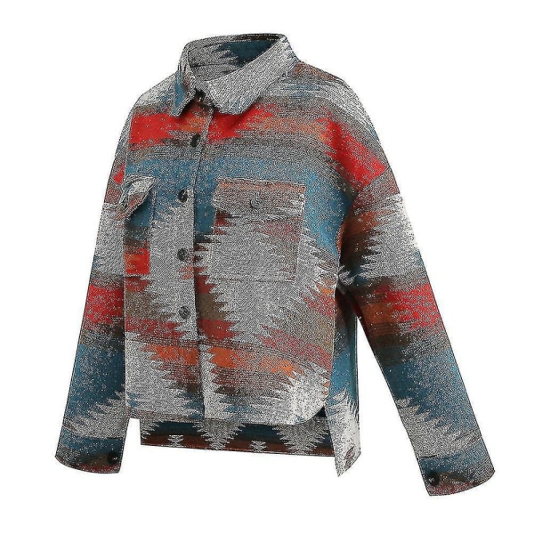 Naisten Vintage-paita Aztec-kuvioinen pitkähihainen takki napitettava käännekaulus löysä takki Red S