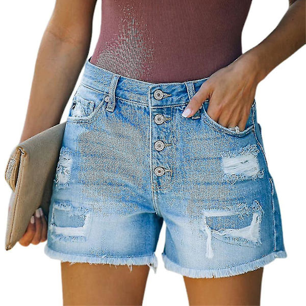 Kvinnor Hög Midja Denim Shorts Multi Button Destroyed Hot Pants Sommar Semester Korta Byxor M