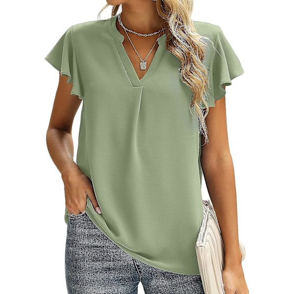 Dam Sommar Casual Delad V-ringning Chiffongblusar Lös Tunika Kortärmade Toppar 03green Large
