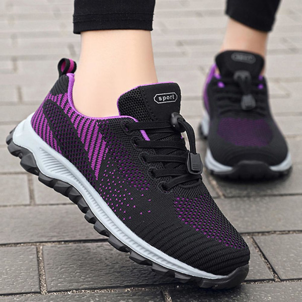 Dame Snøresko Mesh Pustende Casual Løping Fitness Gym Joggesko Myk Såle Gåsko Sportssko Black Purple 40
