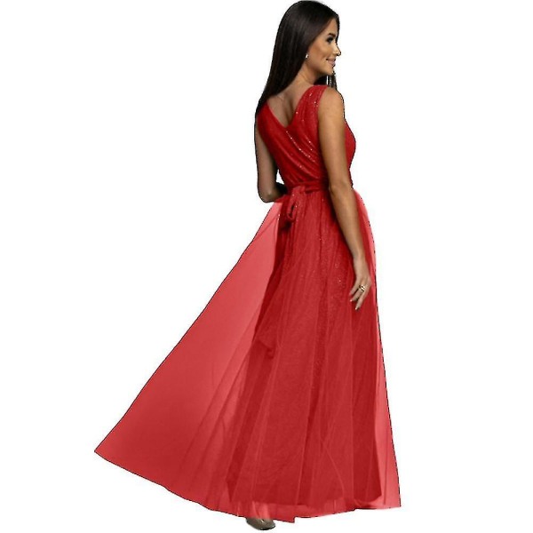 Dame V-hals Brudepige Bryllup Maxikjole Dame Galla Balkjole Aften Cocktailparty Slids Lange Kjoler Red M