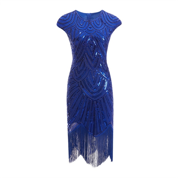 Vintage Flapper Klänningar från 1920-talet för kvinnor Kristallpärlfransade Great Gatsby-klänning Blå Blue M