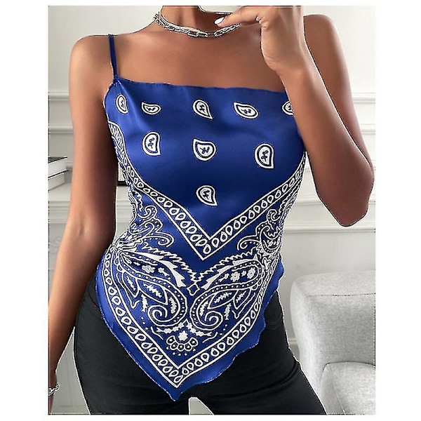 Mode Kvinder Vest Sommer Tanktoppe Sløjfe Rygfri Bluse Paisley Print Satin Lommetørklæde Top Casual Ærmeløse Tanktoppe BLUE XL