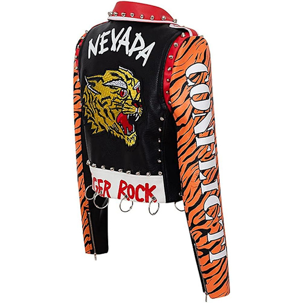 Læderjakke Dame Punk Nitter Graffiti Print Motorcykeljakke M