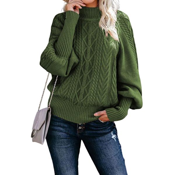 Naisten villapaita, kaapelikuvioitu lyhtymäinen hiha, ulkoiluun, treffeille ja ostoksille Army Green 2XL