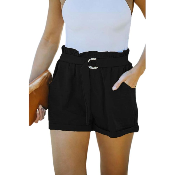 Dame Ensfarvede Højtaljede Løse Shorts Sommer Casual Shorts Black XL