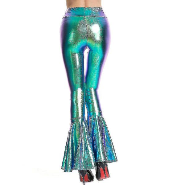 Dame Flare Bukser Havfrue Bred Ben Bukser Hippie Metalliske Bukser Xinmu Laser Blue XL