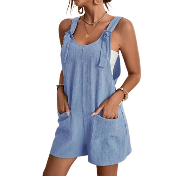 Polyester Ensfarvede Overalls Letvægts Cool Stil Lige Ben Bukser Løs All Match Jumpsuit Light Blue L