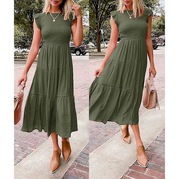 Sommarklänning för damer, ledig, med korta fjärilsärmar, rund hals, smockad resår i midjan och volangkjol i midilängd Armygreen Medium