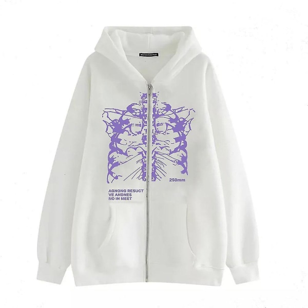 Mörk dragkedja-tröja Skelett Hoodie Boned Hoodie High Street Hipster Sweatshirt Jacka white-purple M