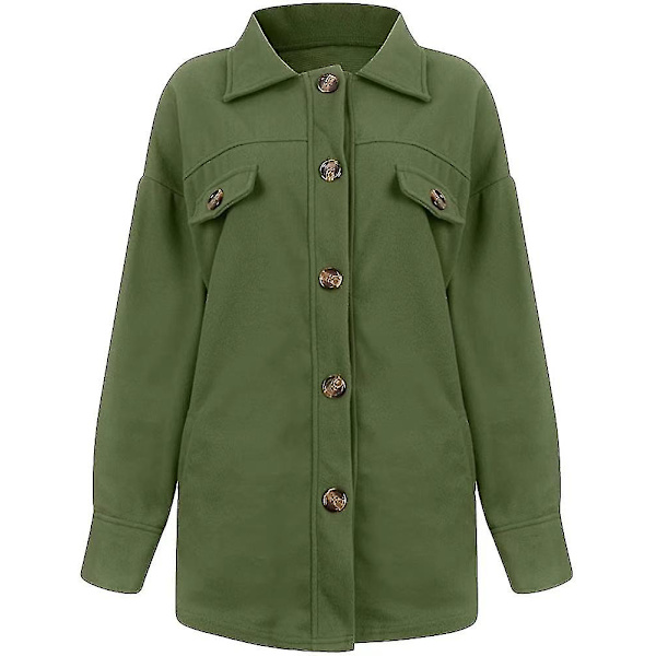 Lös Passform Damjacka Knäppning Polar Fleece Ytterkläder Kappa Med Fickor Green M