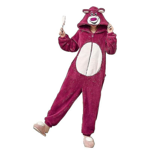 Dame Onesies Pyjamas Jordbær Bjørn Kigurumi Tyk Koral Fløjl Loungewear Dame Hjemmetøj One-piece Jumpsuit Til Vinter M