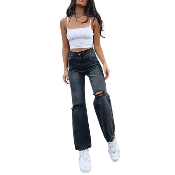 Dam Hög Midja Trasiga Jeans Baggy Raka Ben Jeans Byxor Black M