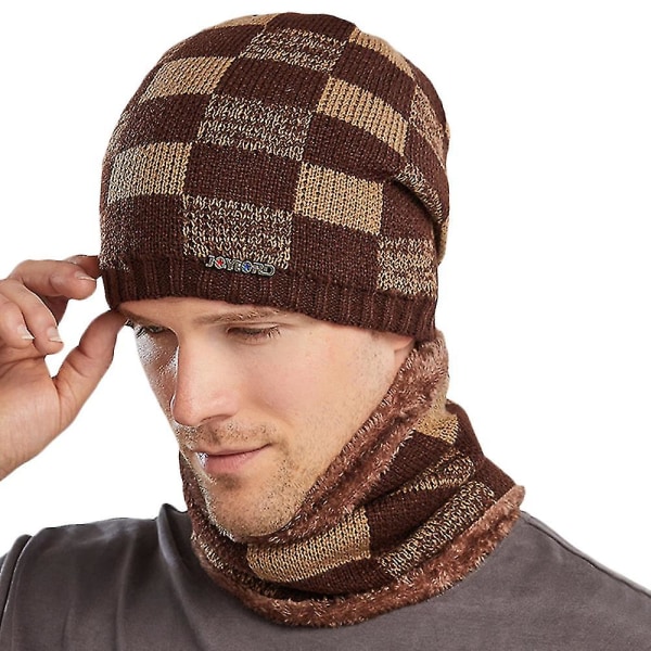 Miesten ruutukuvioinen pipo fleecevuorella, hiihtomyssy, tuubihuivi, kauluri, kääresetti Coffee - Hat and Scarf