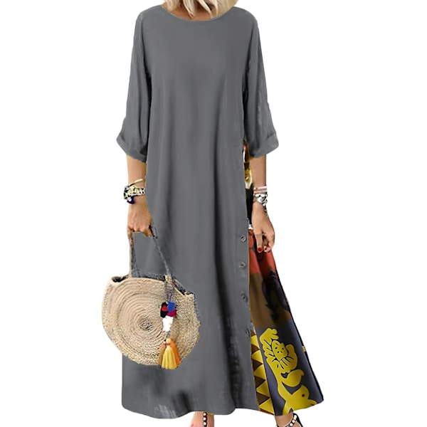 Dame Retro 3/4 Ærme Kjole Blomsterprint Plus Size Kjole Til Strandbrug Gray M