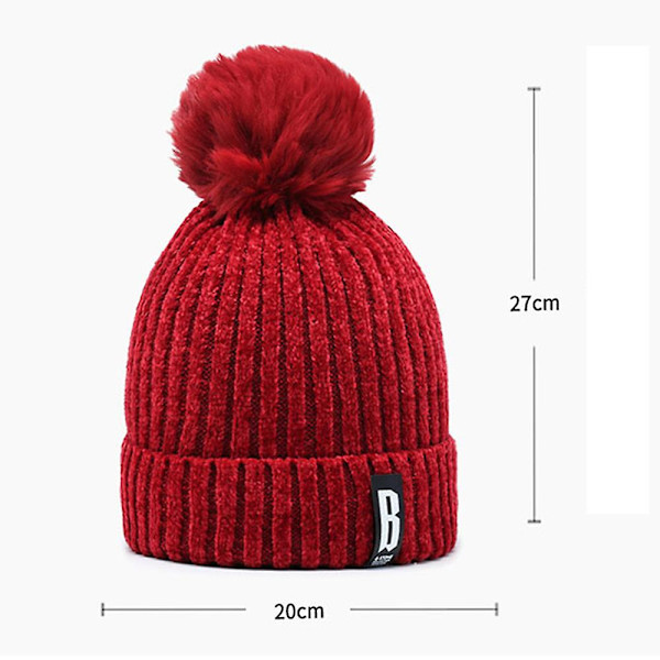 Dam Plus Sammet Pompom Stickad Mössa Vinter Varm Utomhus Ull Skidmössor Hatt Wine Red