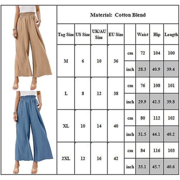 Dame Ensfarvede Elastiske Højtaljede Løse Cropped Bukser Bred Ben Casual Lange Bukser Khaki M