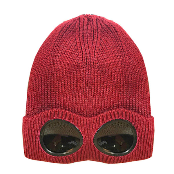 Unisex Uld Strikket Goggles Hue Vinter Varm Hætte Til Mænd Kvinder Udendørs Sport Wine Red