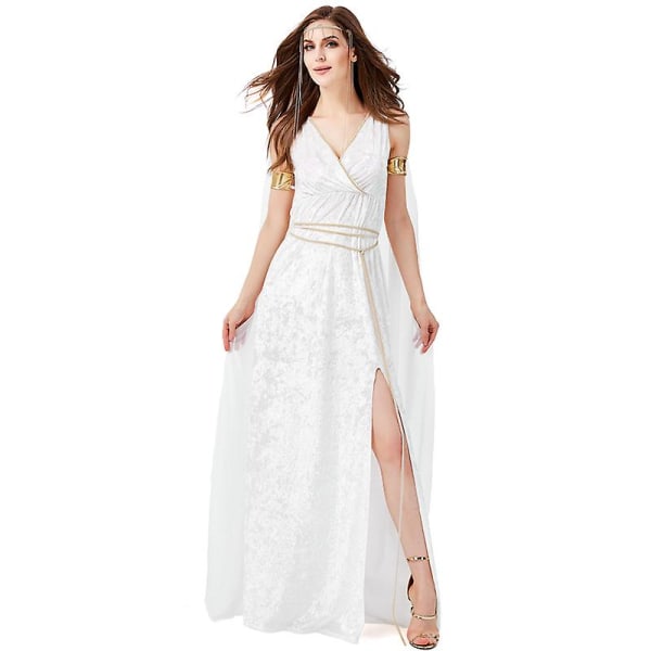 Kvinnor Klänning antika grekiska gudinnan hög slits vit gudinna Halloween kostymklänning White S