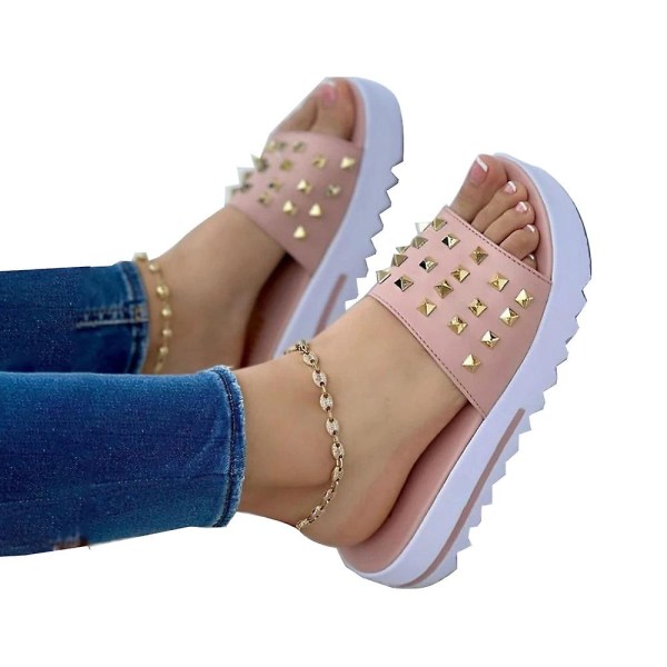 Sommersko for kvinner, fritidssko med nagler, slippers med åpen tå, flate plattformsandaler for stranden Pink 41